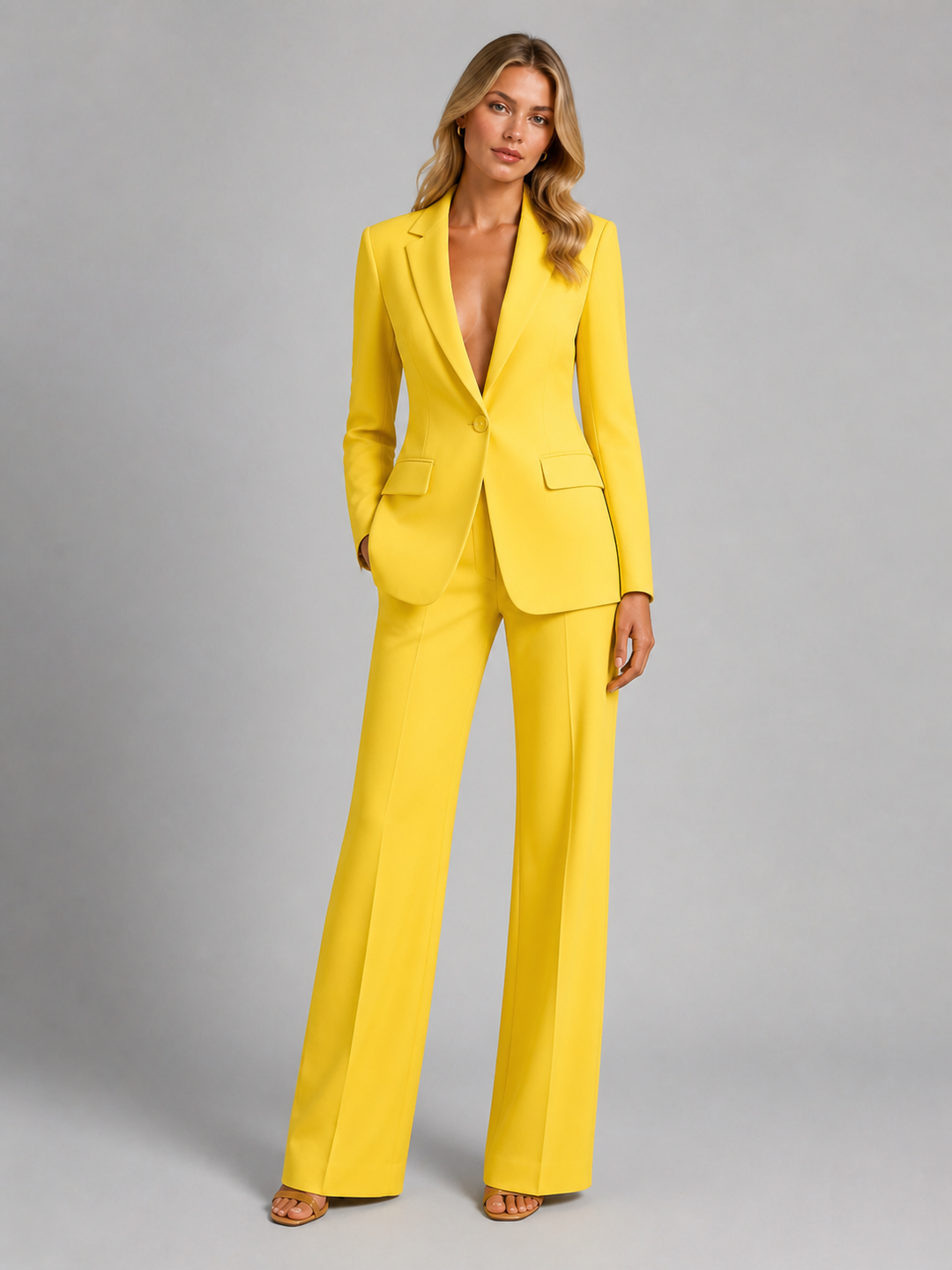 Tweedelige damesset: damesblazer met maatgesneden snit en wijd gesneden broek