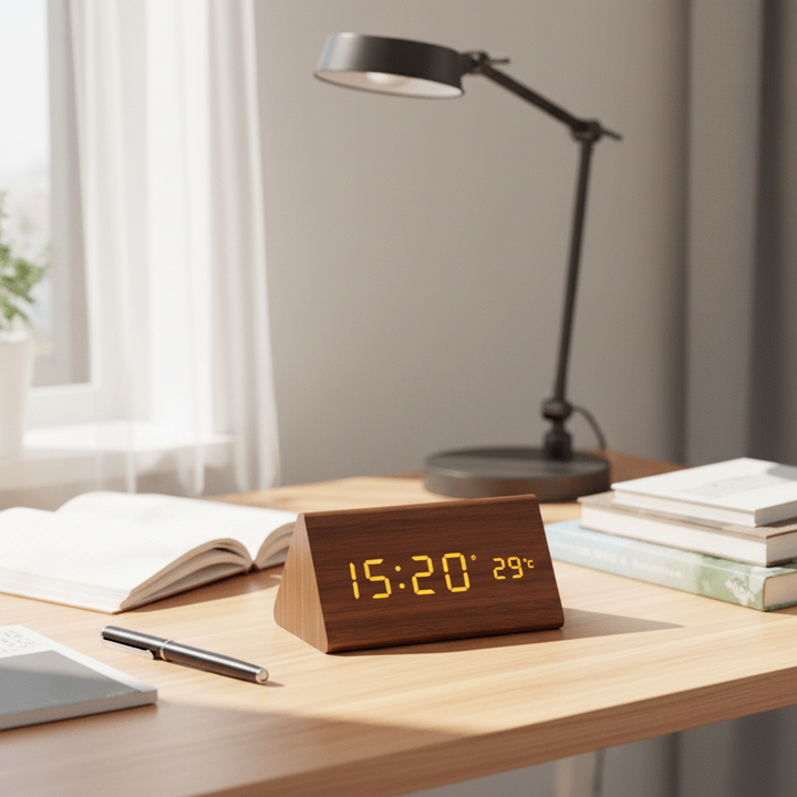 Elegante LED-houten klok met spraakbesturing