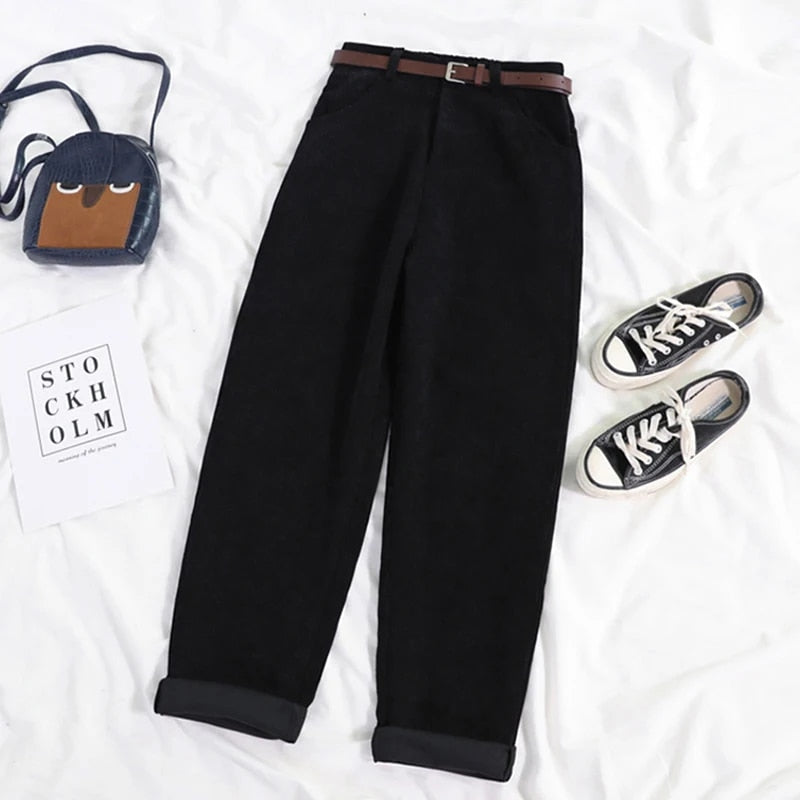 Corduroy Broek voor Dames met Hoge Taille en Relaxte Pasvorm