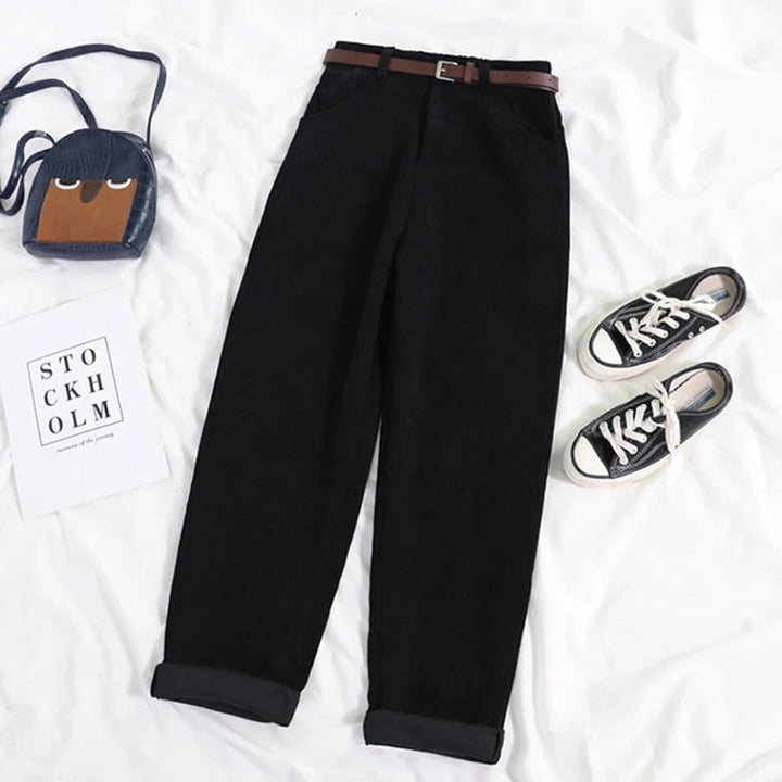 Corduroy Broek voor Dames met Hoge Taille en Relaxte Pasvorm