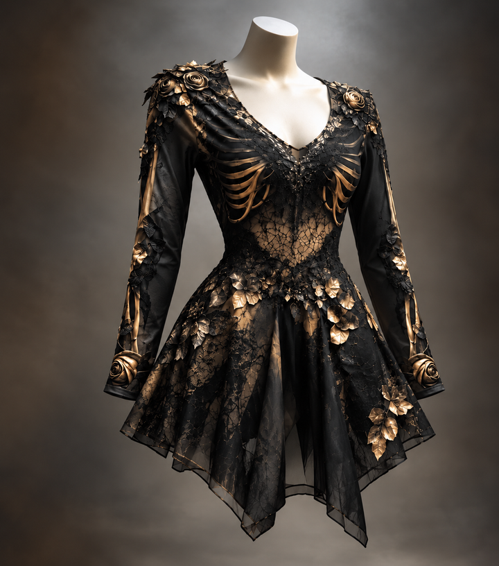Gothic damesjurk met lange mouwen, V-hals en bot- en bloemdetail, mini