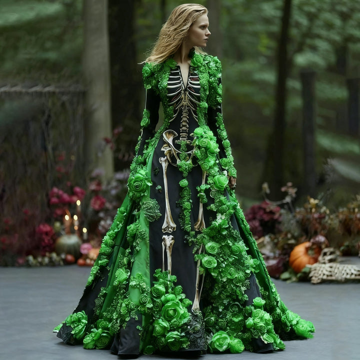 Maxi-jurk met lange mouwen en skeletbloemenprint voor dames, voor Halloweenfeesten