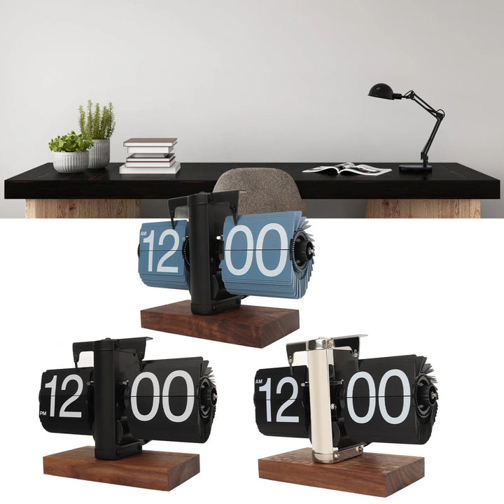 TimeCharm - Retro Flip Down Klok van Walnoot Hout | Vintage Mechanische Tafelklok