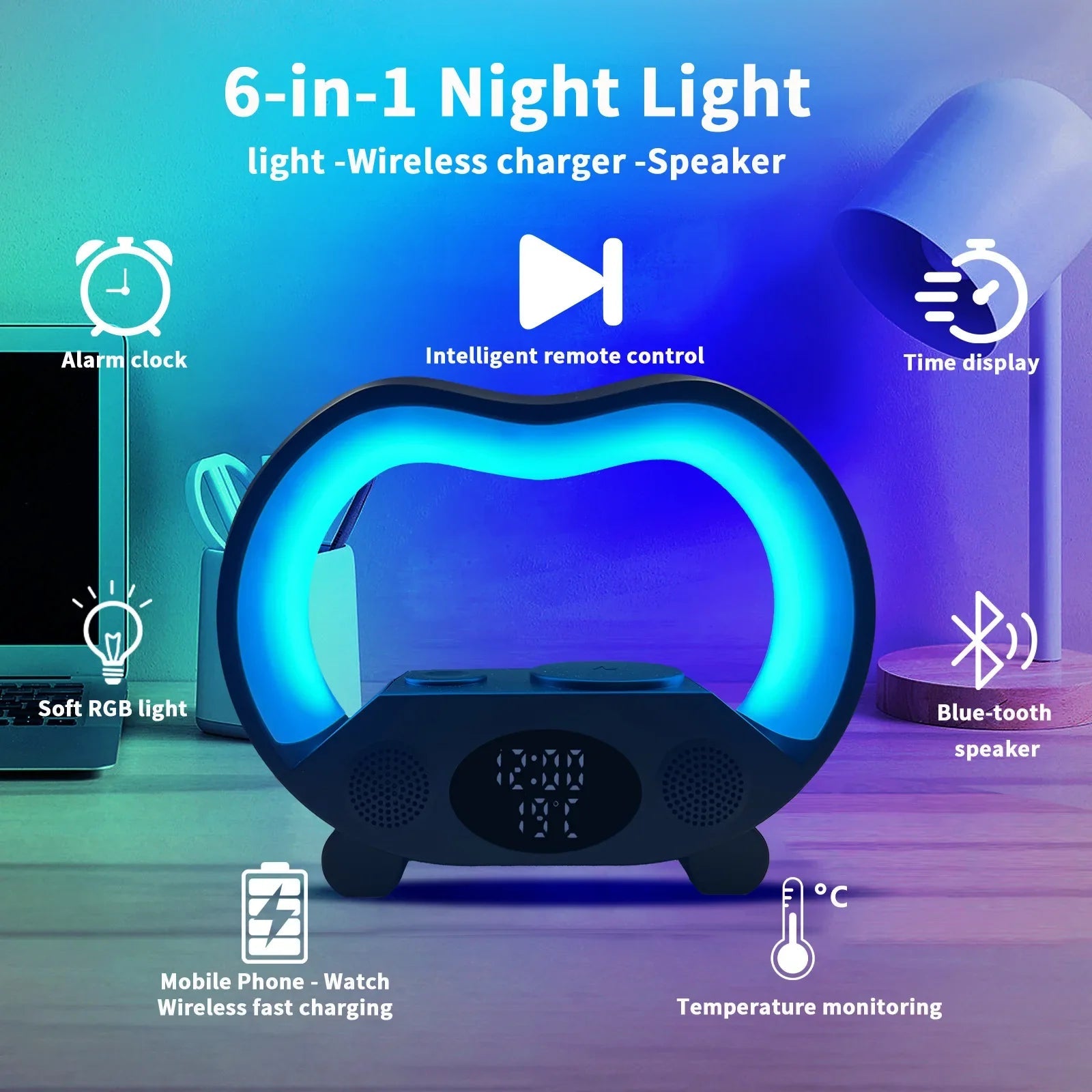 GlowLume - 6-in-1 Slimme LED Nachtlamp met Bluetooth Speaker & Draadloos Opladen