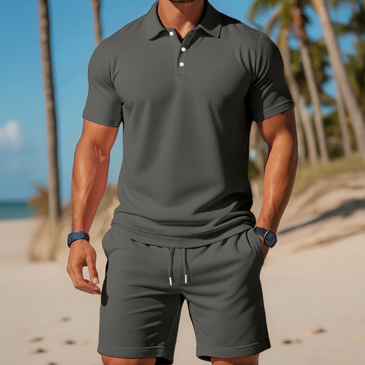 Men's Casual Beach Mesh Lapel Set Summer Comfortable Breathable Loose Solid-Color Sports Short-Sleeved Shirt And Shorts Set