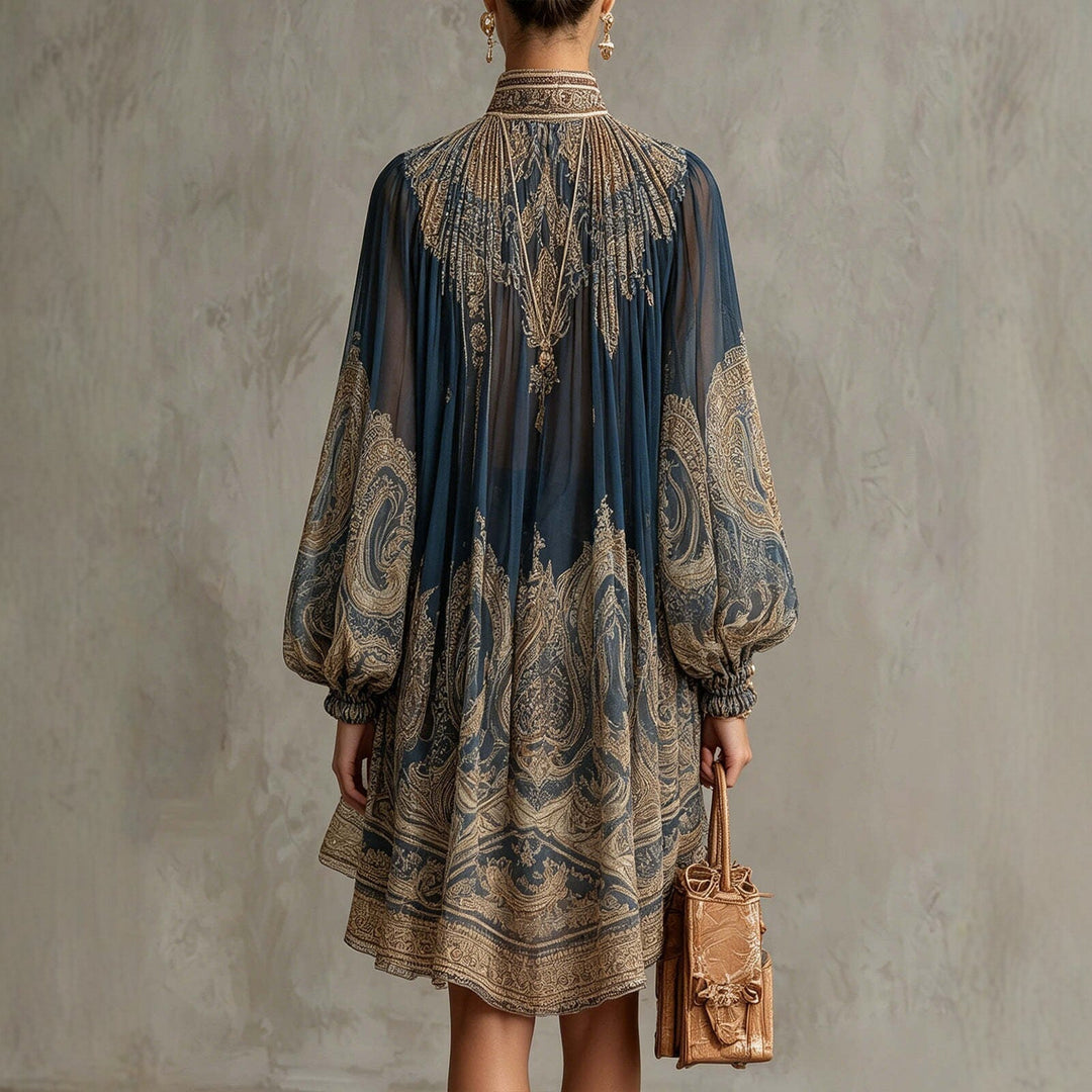 European And American-style High-neck Printed Chiffon Dress