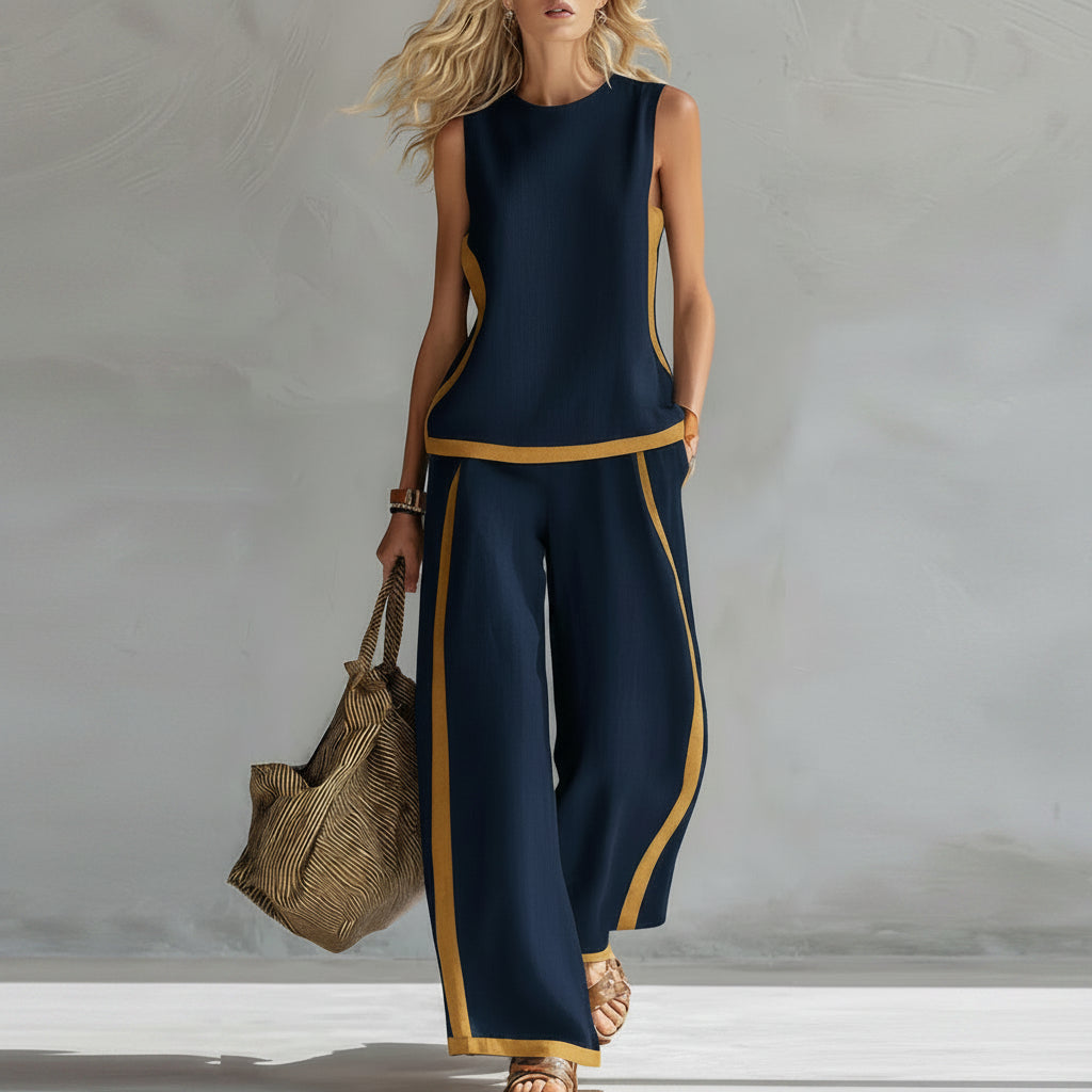 Summer Suits Round-neck Sleeveless Vest Top And High-waist Wide-leg Pants Casual Loose Set