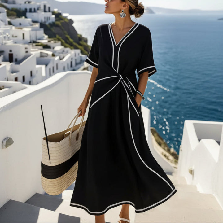 Summer Striped Print Dress Casual Beach Vacation Short-sleeved Maxi Dress Womens Clothing