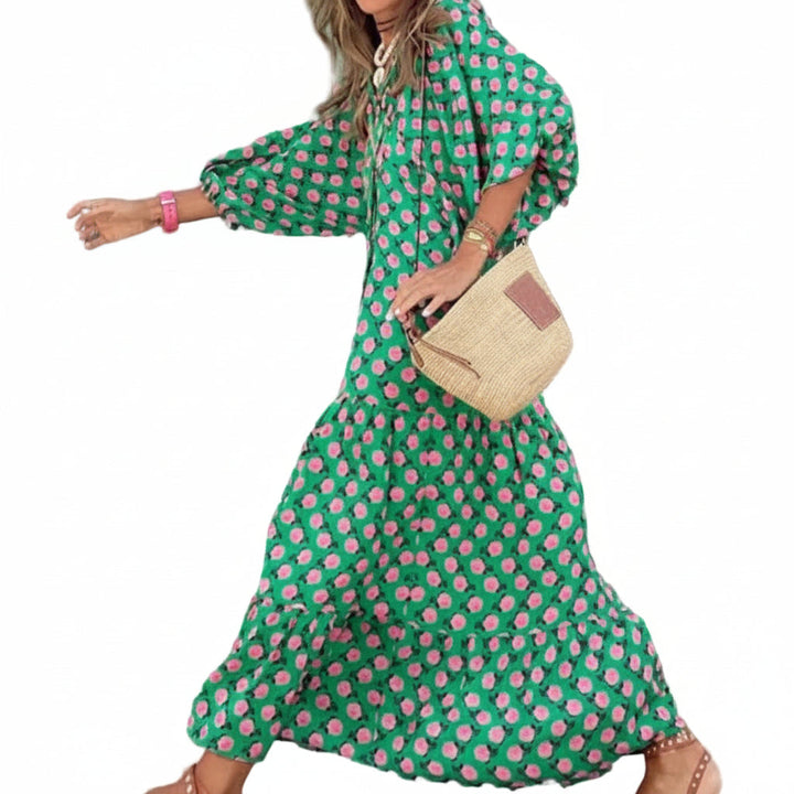 Summer Women's Vintage Printed Bohemian Dress Elegant Ladies Casual Loose V-Neck Short Sleeve Long Dresses