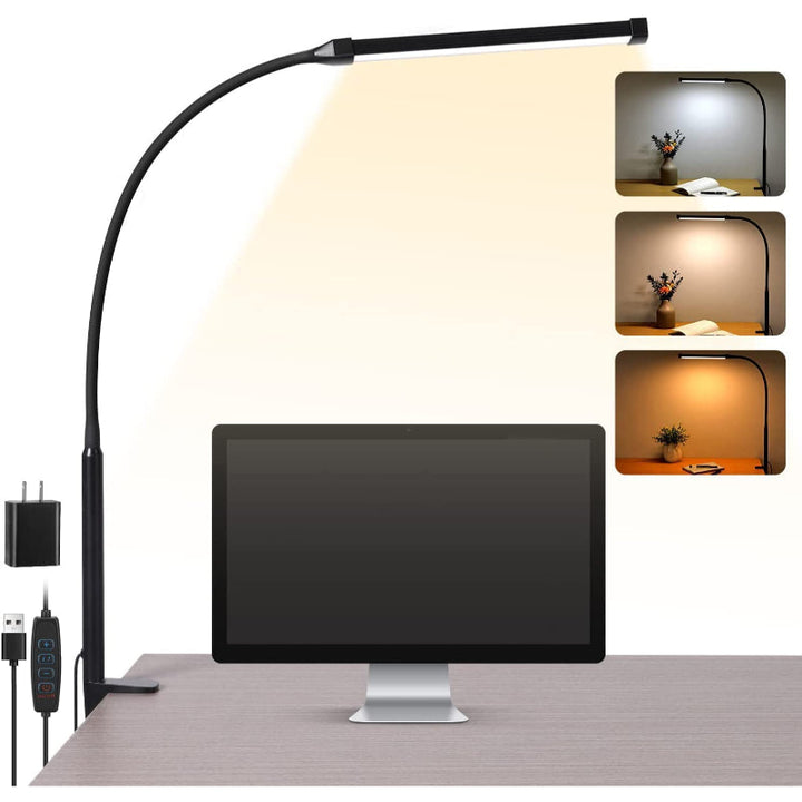 GlowLite - LED Bureaulamp met Klem, Flexibele Arm, Oogvriendelijk Licht, 3 Modi, USB-Aansluiting