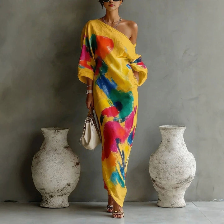 Womens Casual Off-shoulder Printed Graffiti Dress