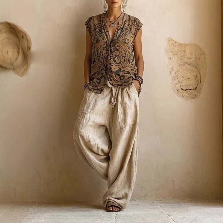 Womens Simple Loose-Fit Printed Shirt And Wide-Leg Pants 3-Piece Set