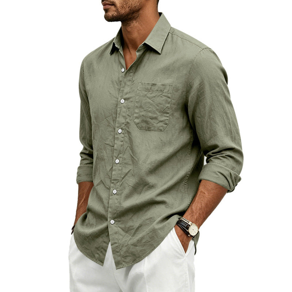 Mens Linen Loose-fit Lapel Long-sleeve Shirt
