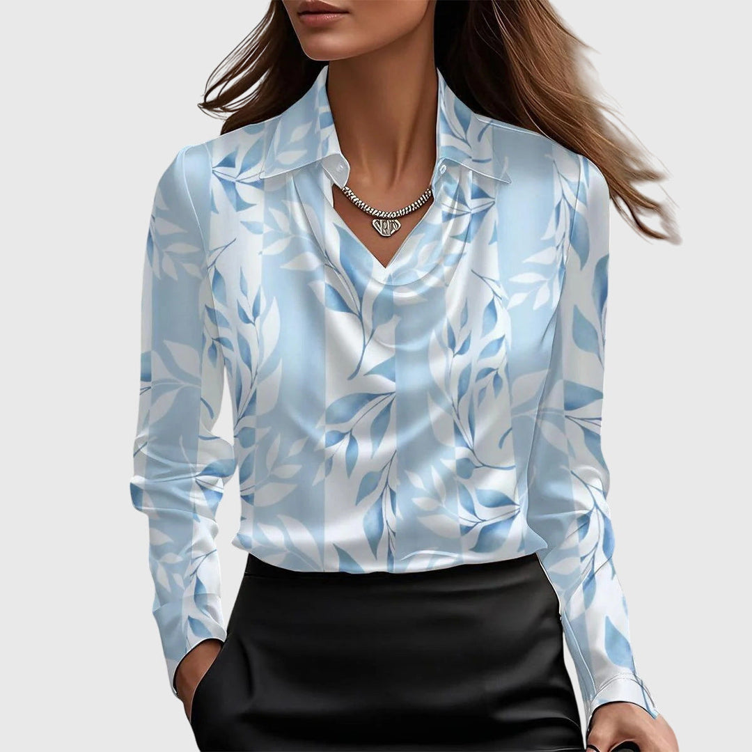 Satijnen blouse voor dames met watervalhals - Topje met lange mouwen en kraag voor werk en avond