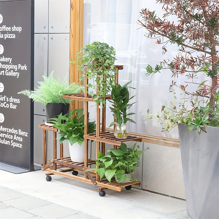 Houten Plantenstandaard met 6 Schappen – Verkoolde Afwerking