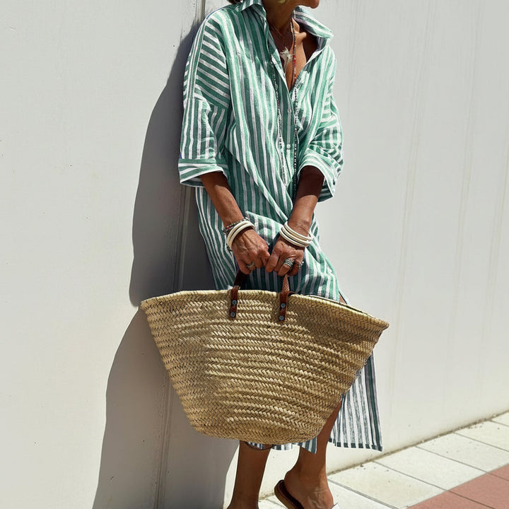Striped Shirt Dress With Belt Fashion Half-sleeved Lapel Button Cardigan Dresses Women's Clothing