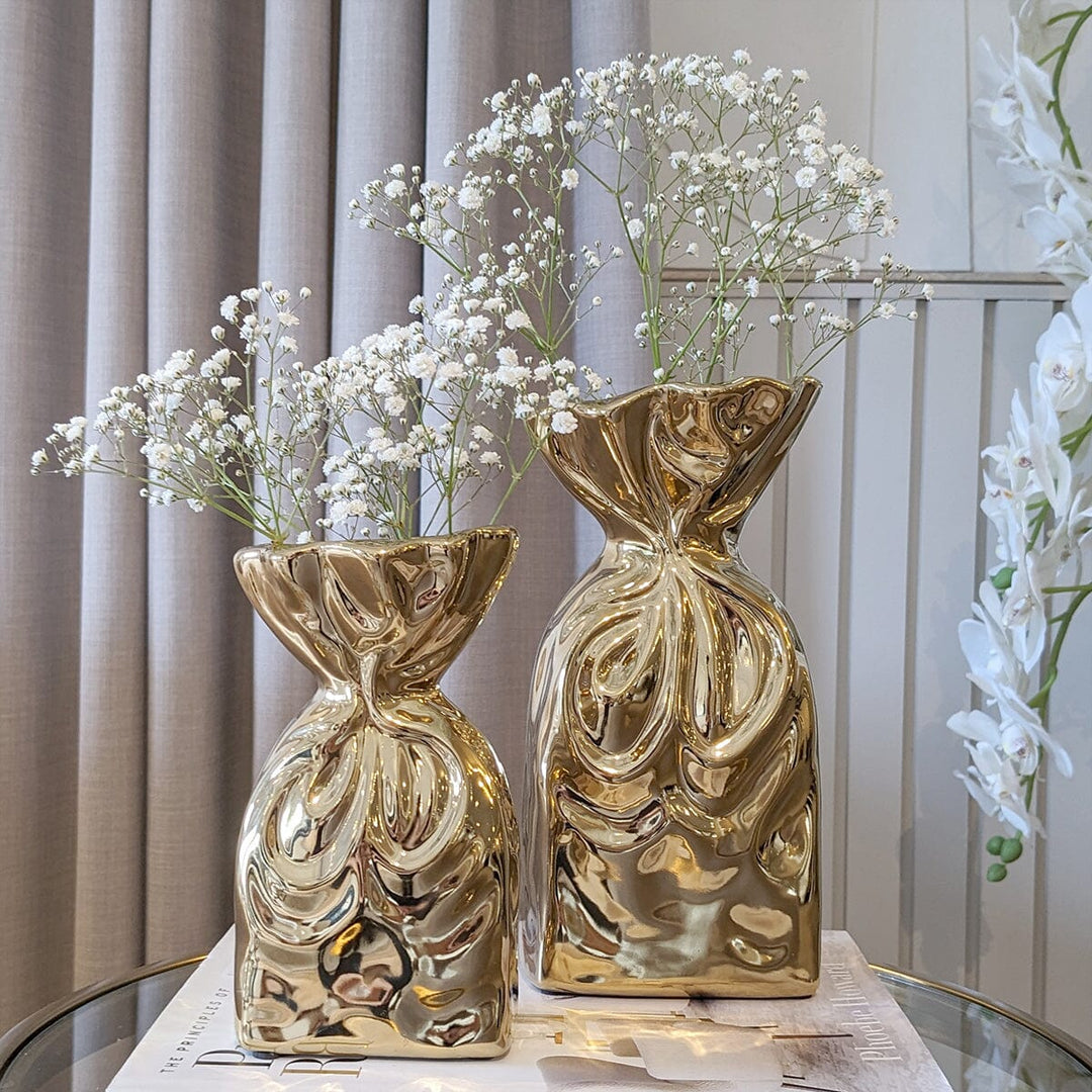 ElegantHome - Luxe Gouden Gekreukte Vaas Set van 2 voor Modern Interieur