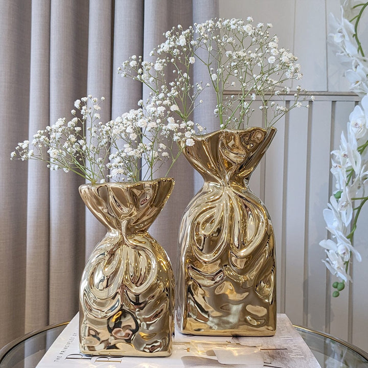 ElegantHome - Luxe Gouden Gekreukte Vaas Set van 2 voor Modern Interieur