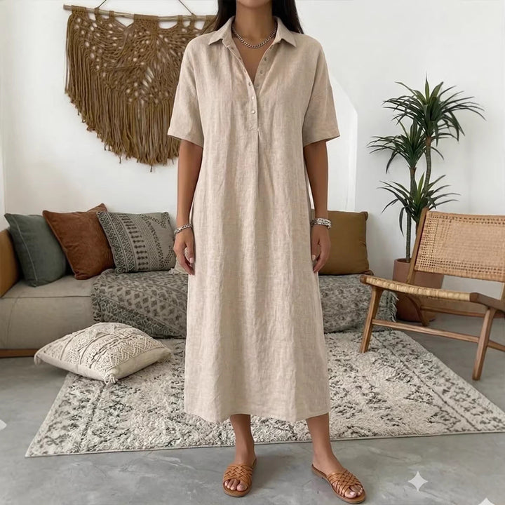 Straight-cut Comfortable Linen Short-sleeve Dress With A Polo Collar