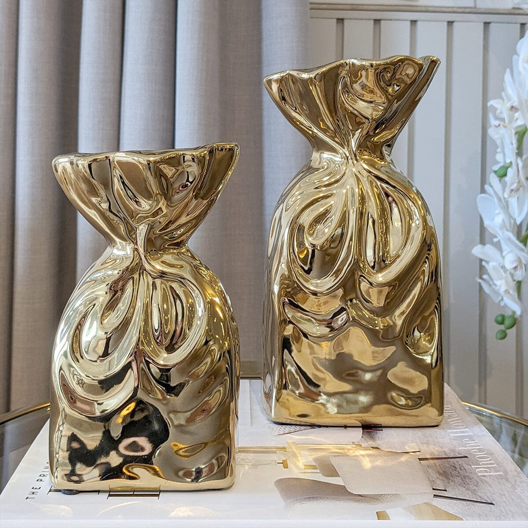 ElegantHome - Luxe Gouden Gekreukte Vaas Set van 2 voor Modern Interieur