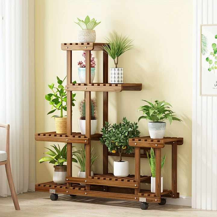 Houten Plantenstandaard met 6 Schappen – Verkoolde Afwerking