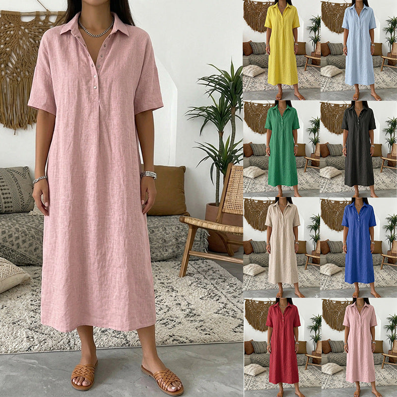 Straight-cut Comfortable Linen Short-sleeve Dress With A Polo Collar