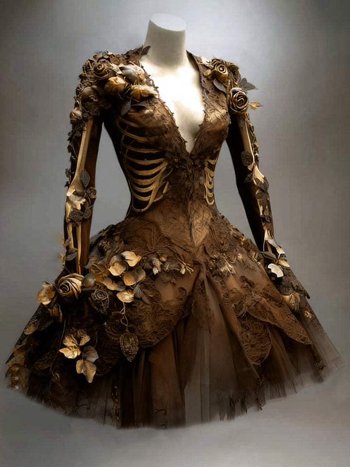 Gothic skeletjurk voor dames met lange mouwen, mini, voor Halloween