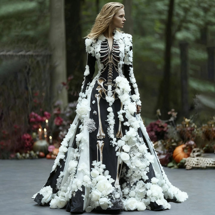 Dames maxi-jurk met lange mouwen en skelet-bloemenprint voor Halloweenfeesten