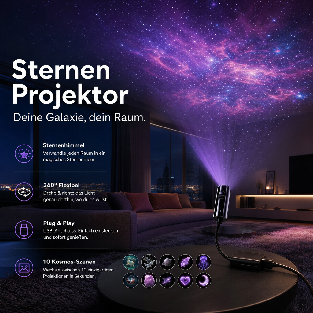 Led-sterrenprojector Galaxy met 10 dia's en flexibele USB-arm