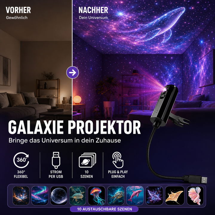 Led-sterrenprojector Galaxy met 10 dia's en flexibele USB-arm