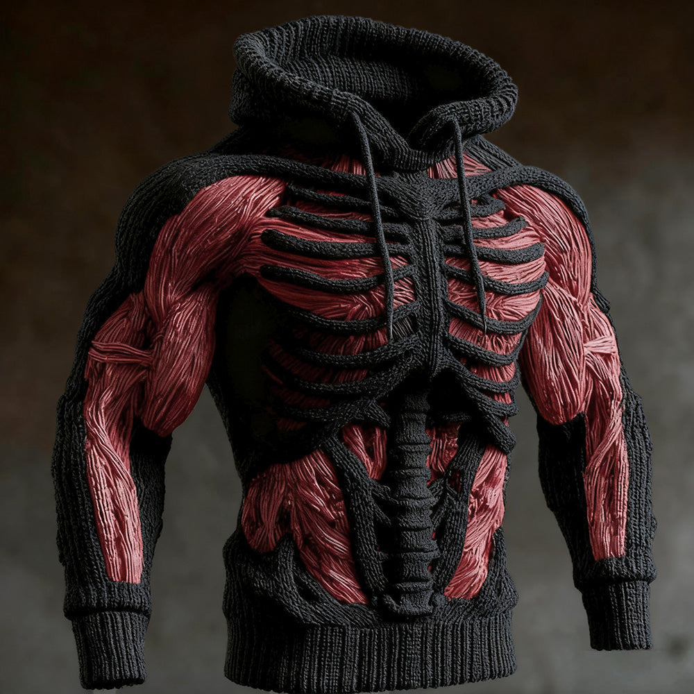 Gebreide Halloween-hoodie voor heren met 3D-skeletontwerp, lange mouwen