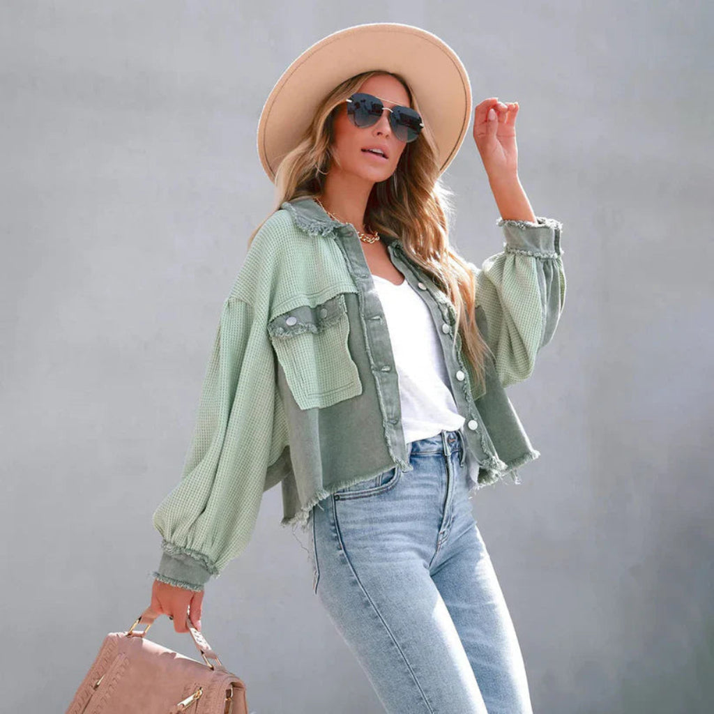 Cropped Jas Dames Gerafelde Zoom Getailleerde Pasvorm Casual — afbeelding 6