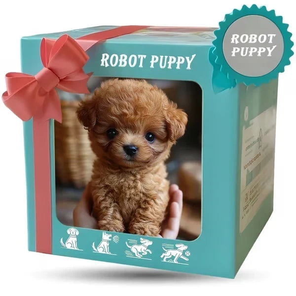 Levensechte robotachtige pluchen puppy-metgezel die loopt, blaft en zit