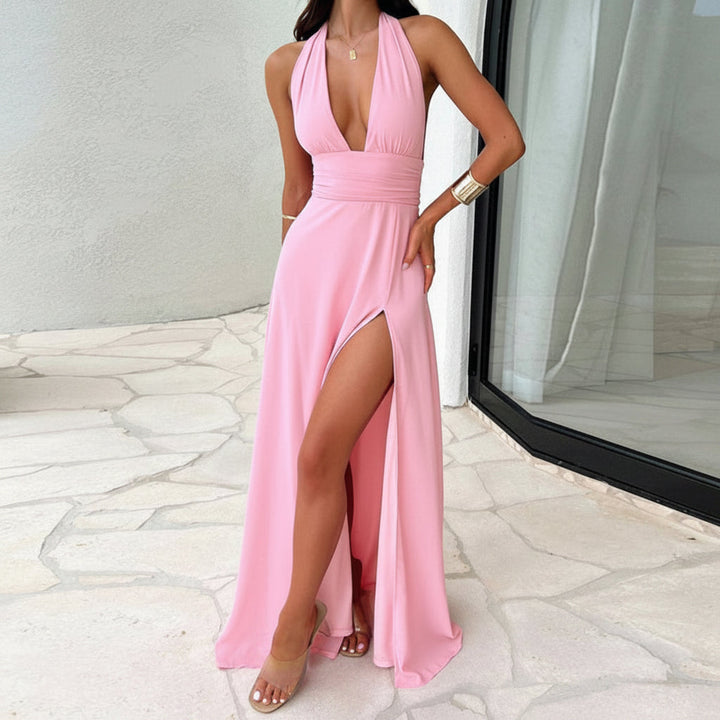Sexy Halterneck V-neck Slit Dress Summer Backless Strappy Skirt Fashion Temperament Clothing Women