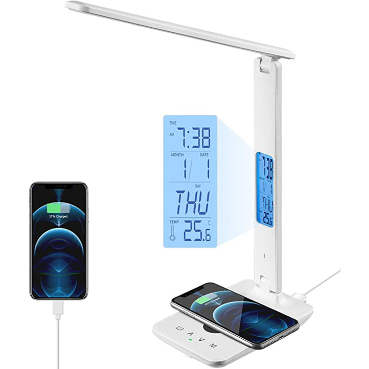 BrightDesk - LED Bureau Lamp Met Draadloze Oplader, USB-Port & LCD Klok
