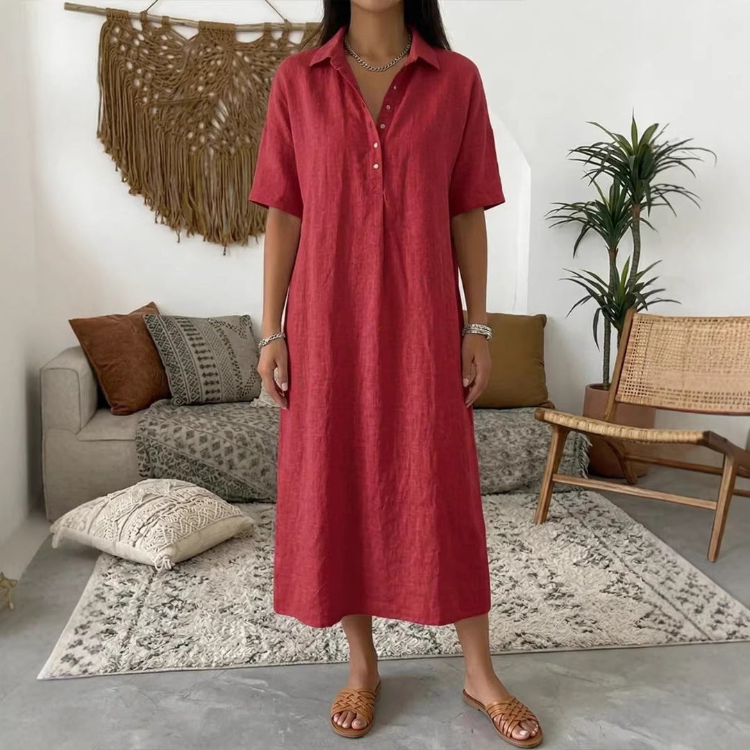 Straight-cut Comfortable Linen Short-sleeve Dress With A Polo Collar