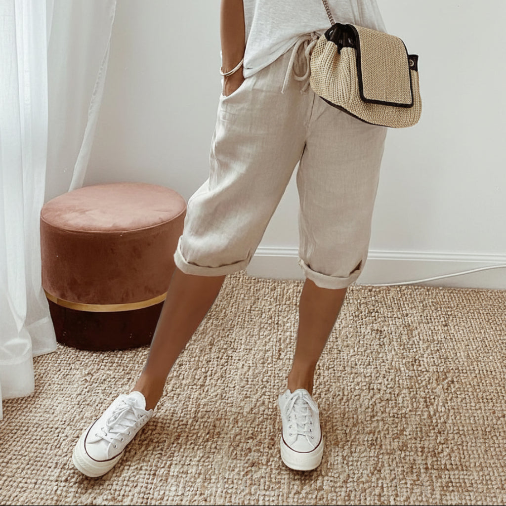 Women's Cotton And Linen Pocket Elastic Casual Shorts