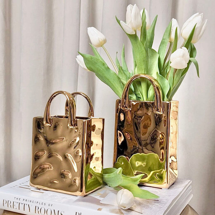 GoldLuxe - Gouden Handtas Vaas Voor Stijlvolle Home Decor