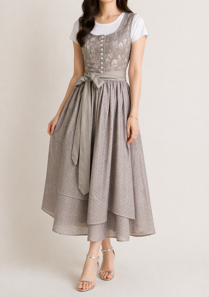 Dames dirndl met rits, kanten mouwen en tailleband.