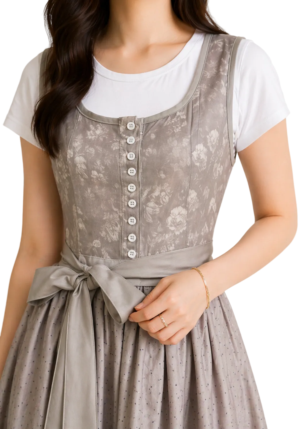 Dames dirndl met rits, kanten mouwen en tailleband.