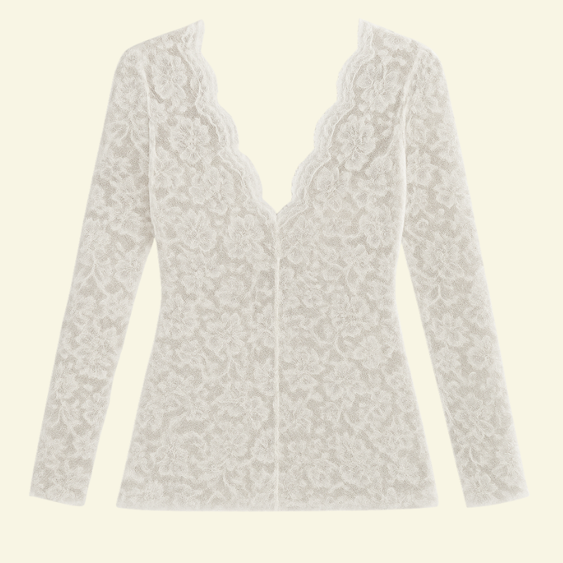 Damesblouse van kant met lange mouwen, V-hals en golvende afwerking