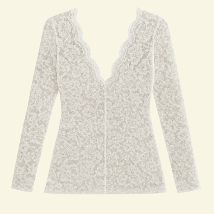 Damesblouse van kant met lange mouwen, V-hals en golvende afwerking