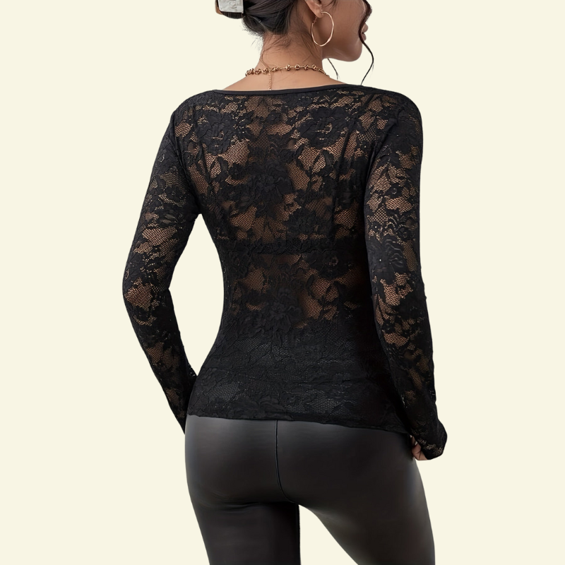 Damesblouse van kant met lange mouwen, V-hals en golvende afwerking