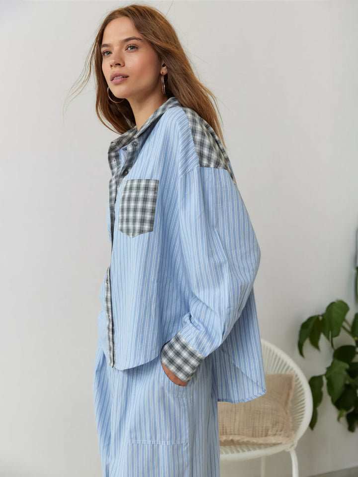 Pyjamaset voor dames met overhemd met knopen en broek met elastische taille