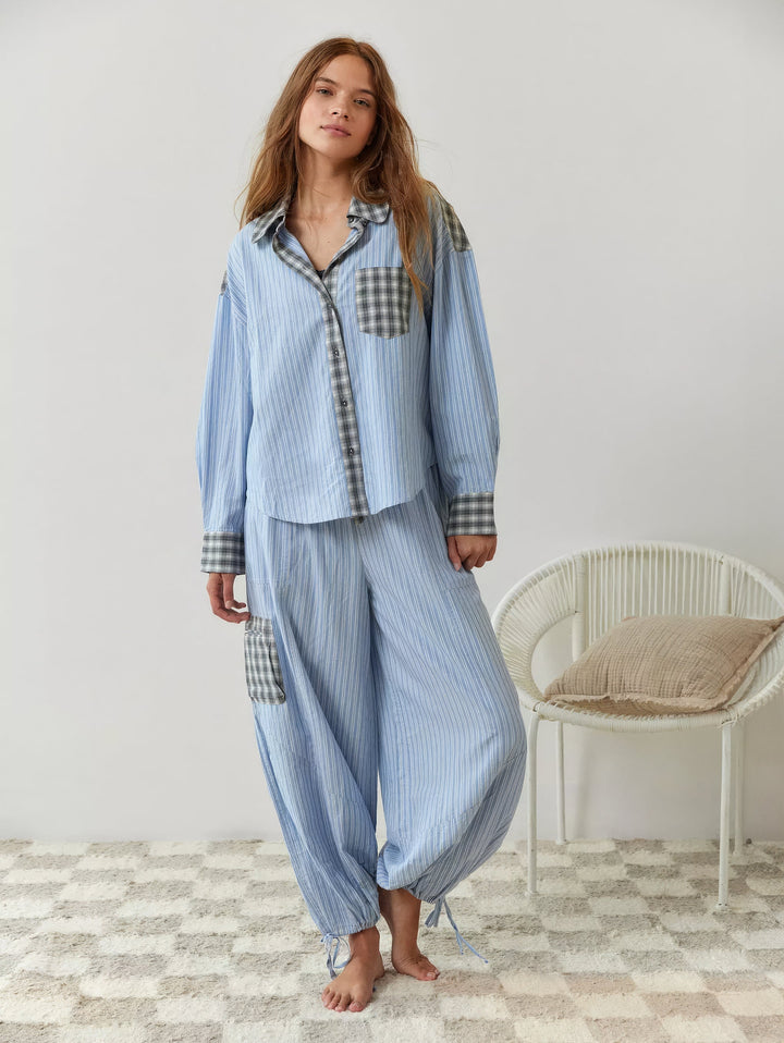 Pyjamaset voor dames met overhemd met knopen en broek met elastische taille