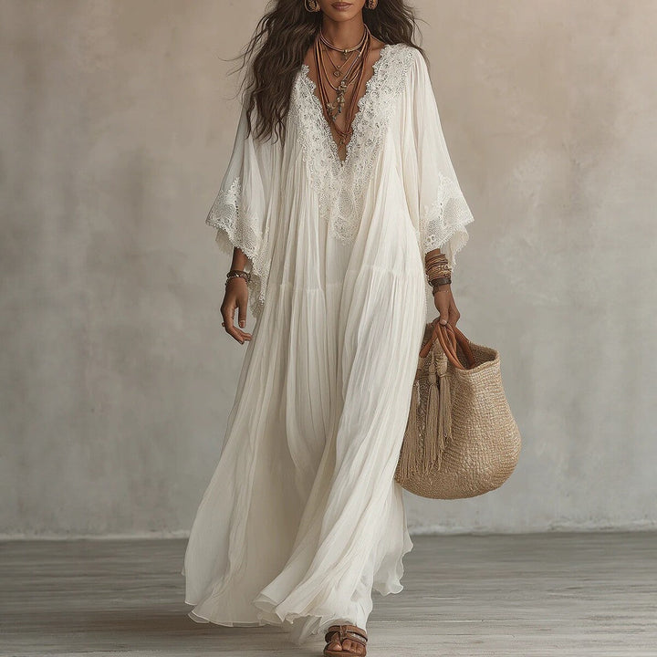 Lace V-neck Long Batwing-sleeve Dress