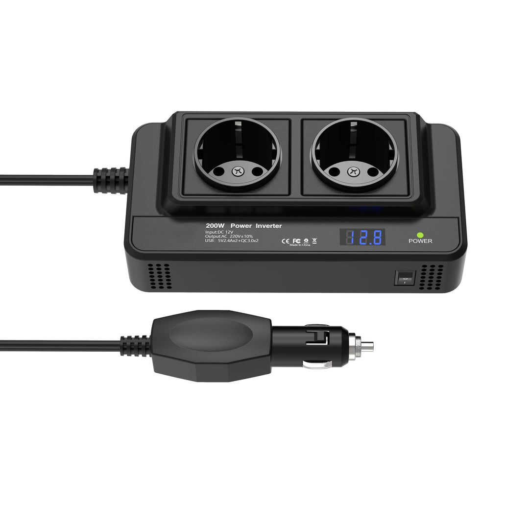 Compacte Auto-omvormer 200W – Dubbel Stopcontact & Vier USB-poorten