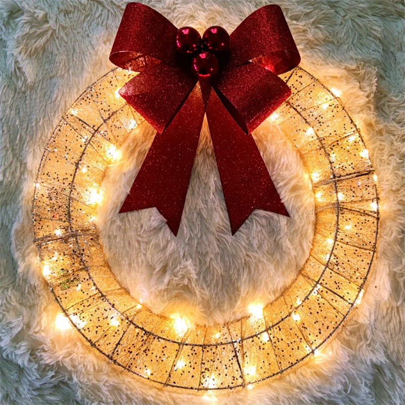 Kerstkrans met verlichting en grote rode strik, 50 cm
