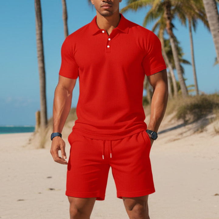 Men's Casual Beach Mesh Lapel Set Summer Comfortable Breathable Loose Solid-Color Sports Short-Sleeved Shirt And Shorts Set