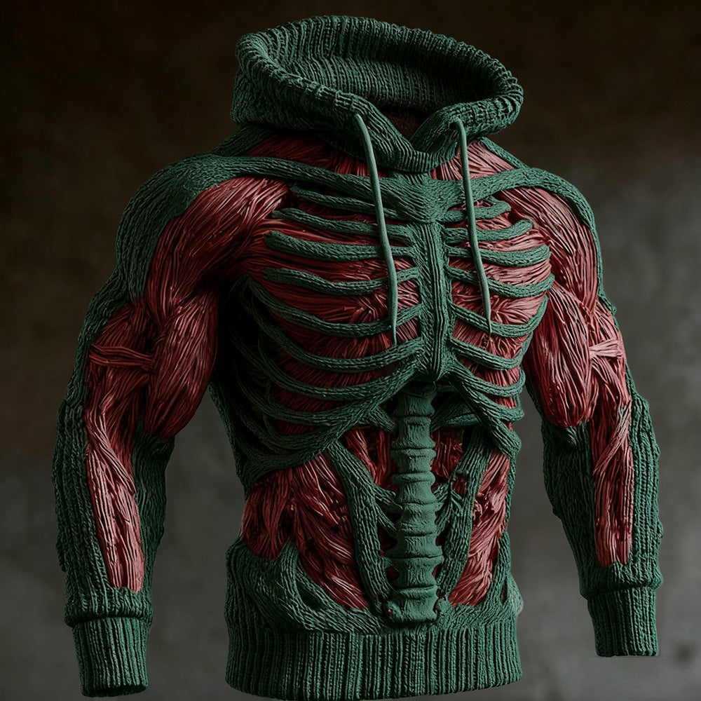 Gebreide Halloween-hoodie voor heren met 3D-skeletontwerp, lange mouwen